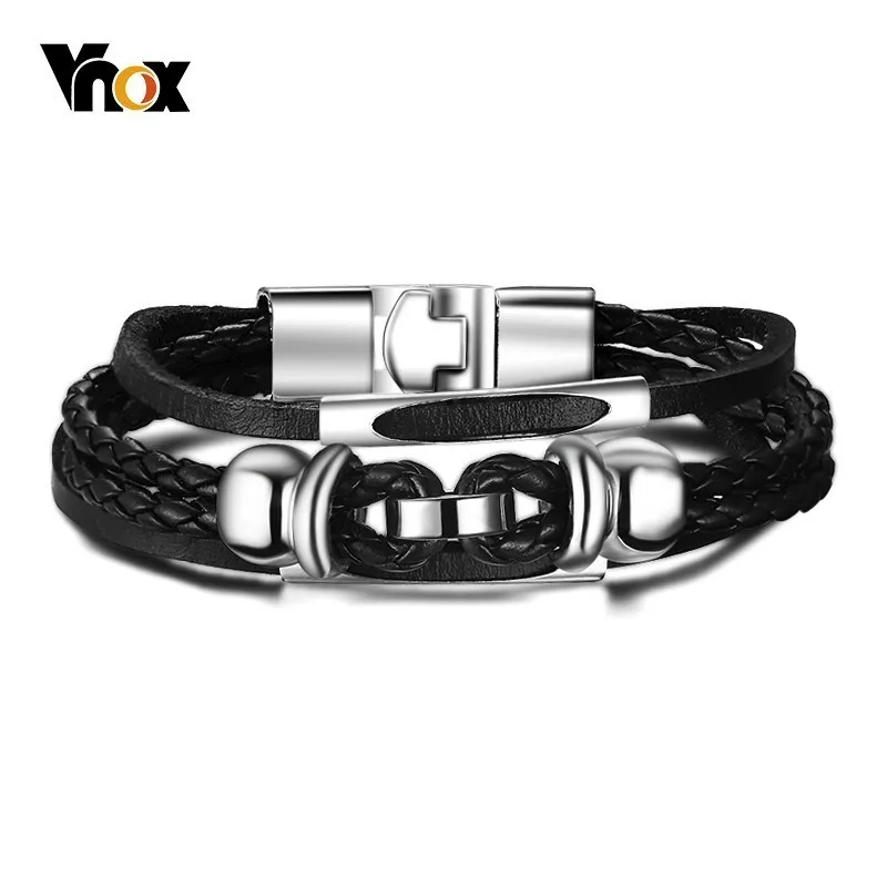 Многослойный кожаный мужской и женский браслет Vnox многофункциональный