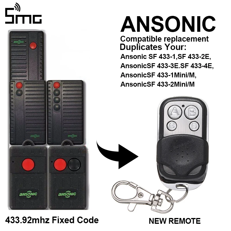 

ANSONIC SF 433-1 SF 433-2E SF 1Mini/M 2Mini/M Ansonic Replacement Gate Door Remote Control Transmitter Fixed Code 433.92mhz