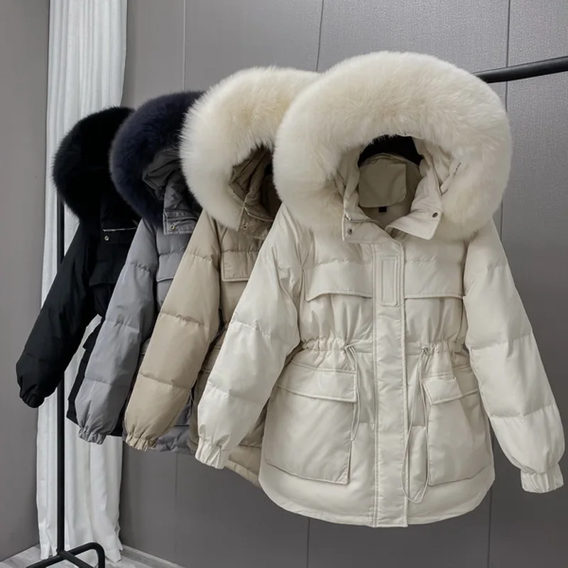 

Женский короткий пуховик с капюшоном, зимняя куртка на белом утином пуху с воротником из лисьего меха и регулируемой талией, 2021