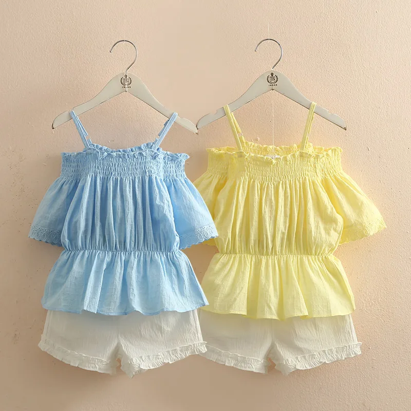 2 шт. хлопковая Футболка с открытыми плечами и шорты|Комплекты одежды для девочек|