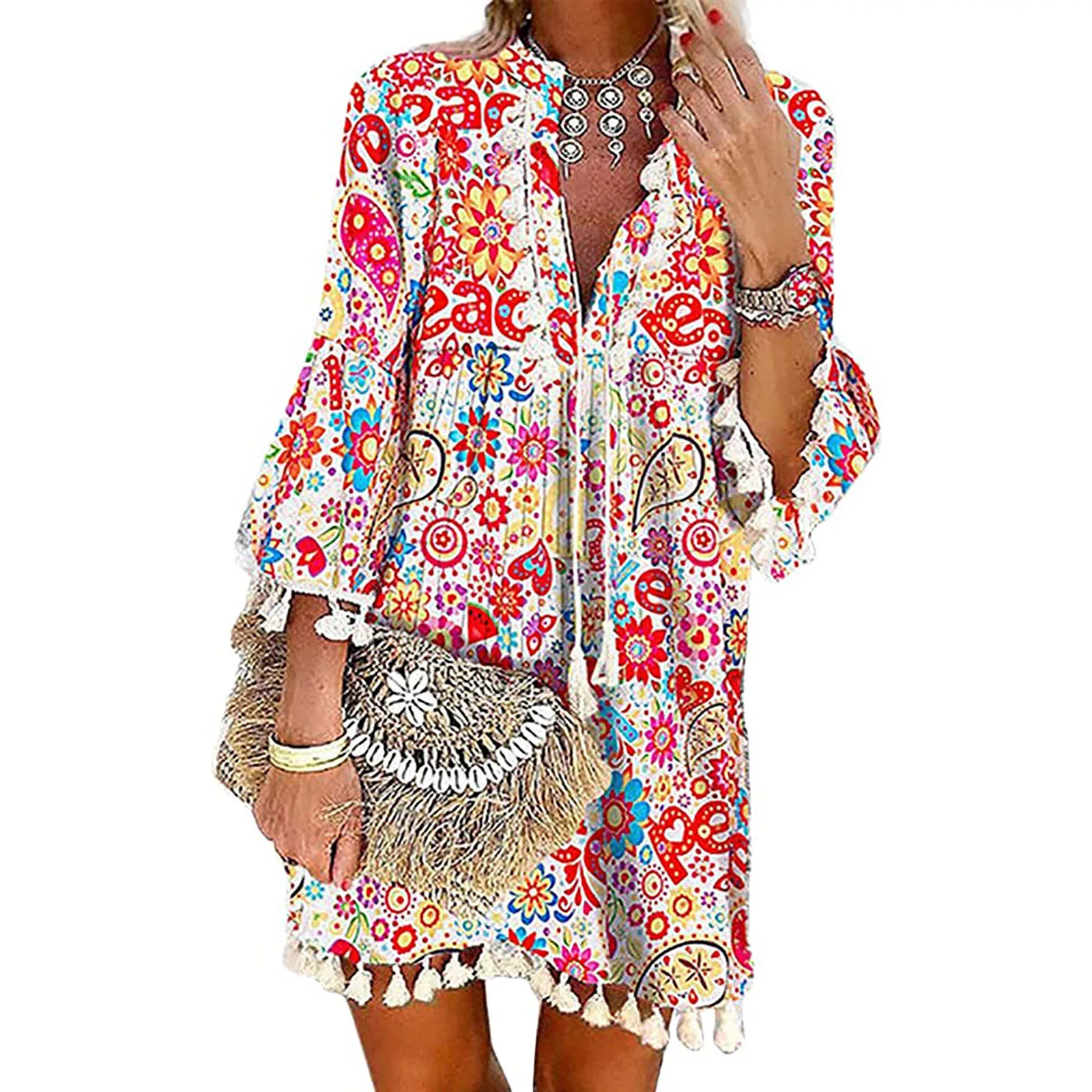

Lace Tassel Woman Dress Floral V-neck Half Sleeve Knee-length Mini Dress Bohemian Style Casual Women Dresses Vestido De Mujer