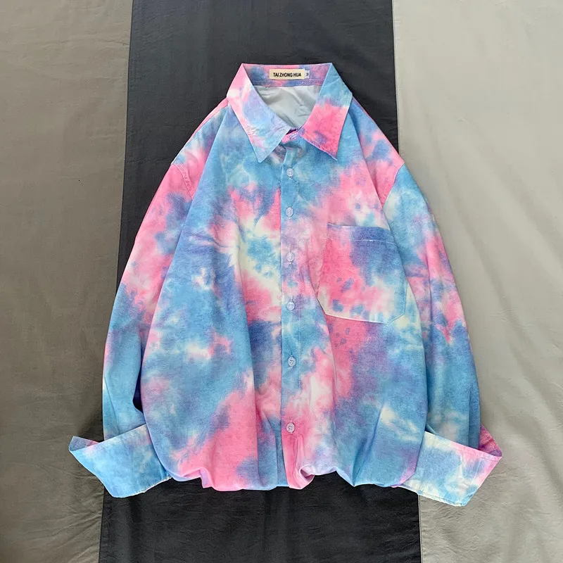 Camo рубашка Мужская модная повседневная рубашка с принтом Tie-dye Мужская Уличная Свободная рубашка с длинными рукавами Мужская s M-2XL - Цвет: pink colour