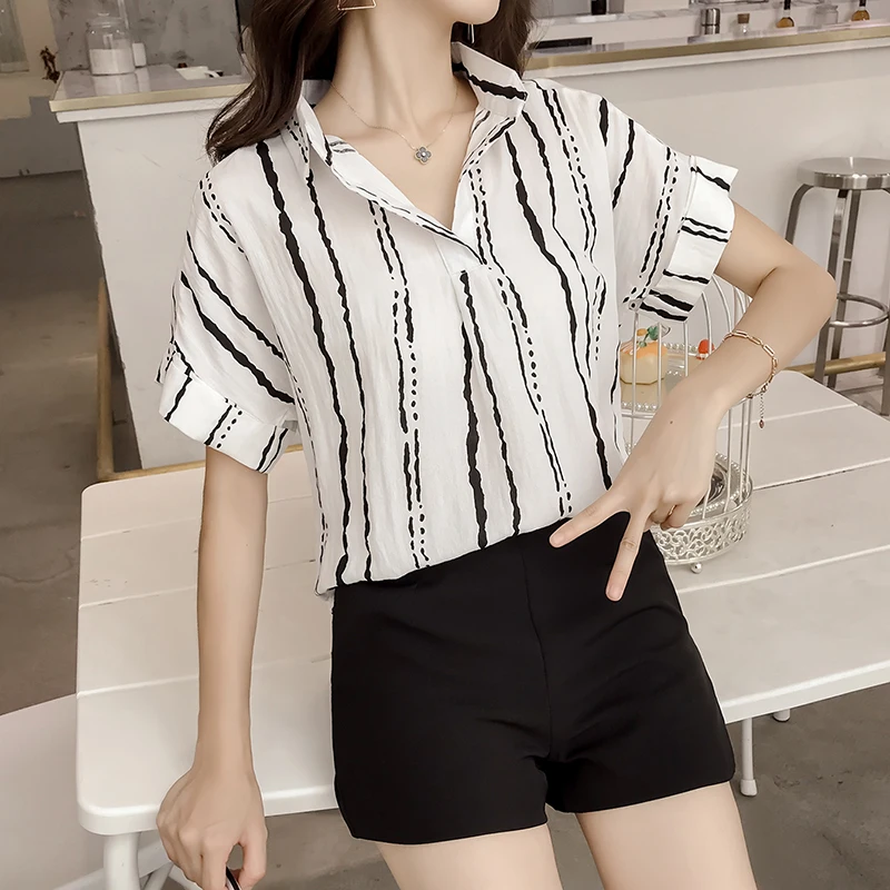 Новый Blusas Mujer De Moda Женские топы и блузки с отложным воротником в полоску женские