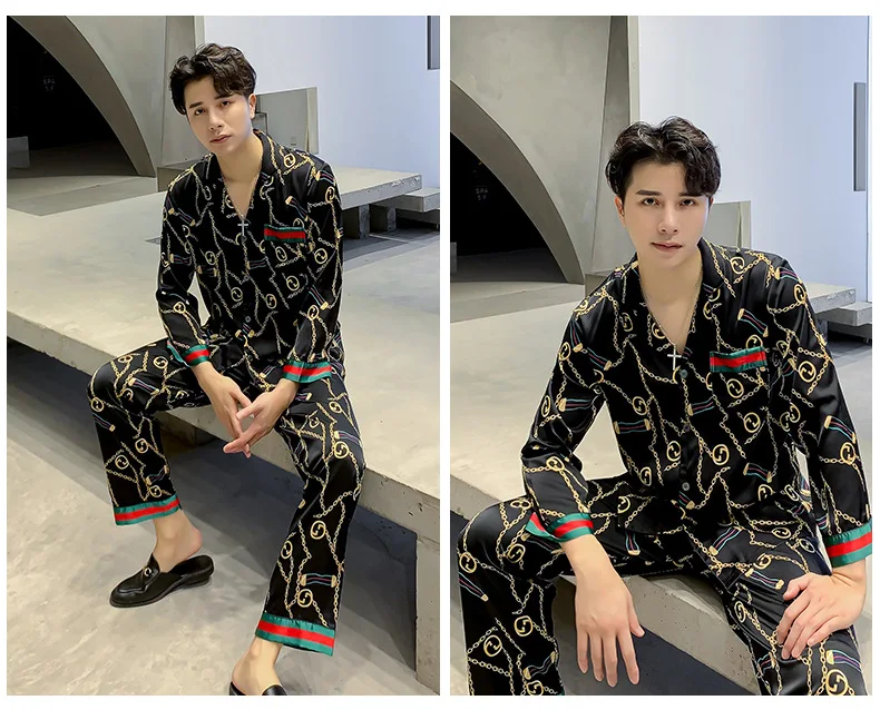 Spring 2021 Ice silk couple pajamas for women set web celebrity long sleeve simulation silk home suit summer 490730