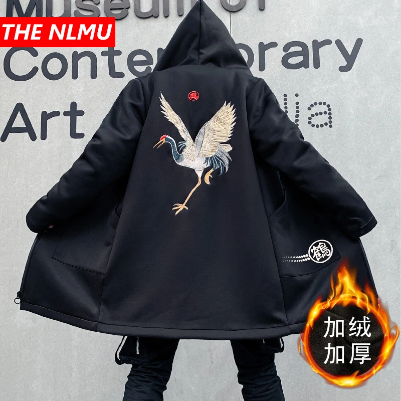 Куртка мужская Длинная зимняя флисовая с вышивкой журавлей ветровка в стиле