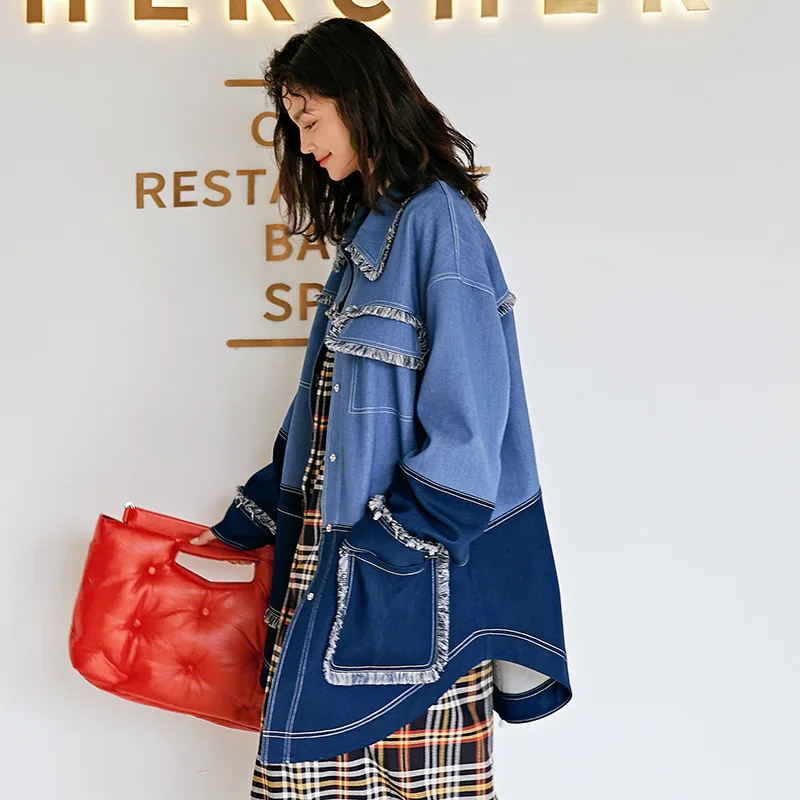 [EWQ] с длинными рукавами со вставками соединением внакрой бахрома Цвет Синий