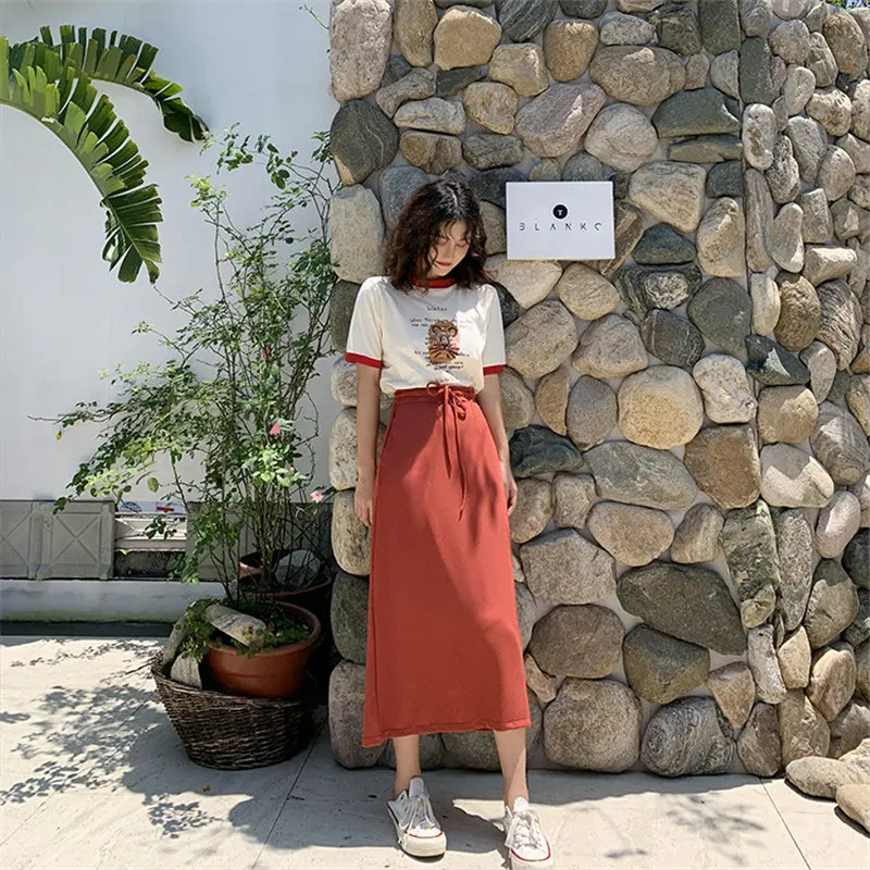 

HziriP 2019 Fashion Loose Elastic Waist Straight Solid Streetwear Female New Summer Simple High Waist Women All-Match Skirts