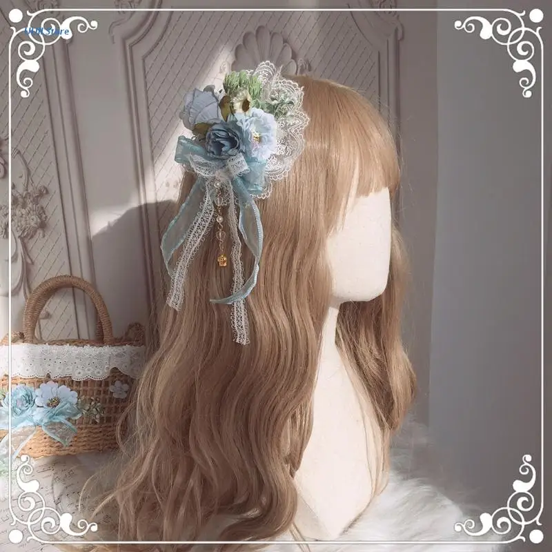 

Lolita Gothic Women Lace Ribbon Flower Hair Clip Headwear Cosplay Props for Girl
