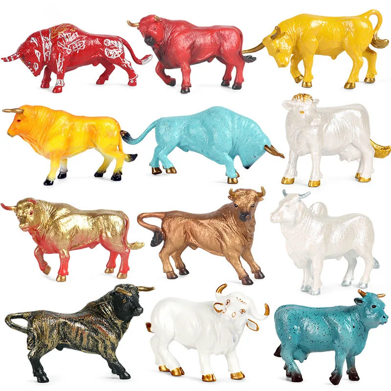 

4 In 1 Mini Animal Simulation Wild Animal Model Children Gift Toys Meaty Cake Decoration New Product Cow Bull Bison Set