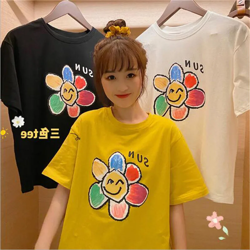 

Платье с цветочным принтом для женщин футболка высокого качества с короткими рукавами, футболка с круглым вырезом Femme один размер футболки ...