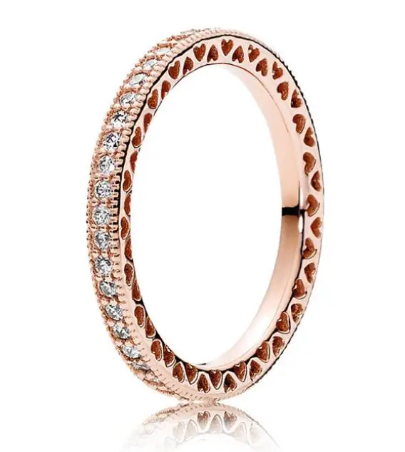 

925 Sterling Silver pan Ring Rose Gold Stackable Love Hearts With Crystal Ring For Women Wedding Party Gift Fine Jewelry