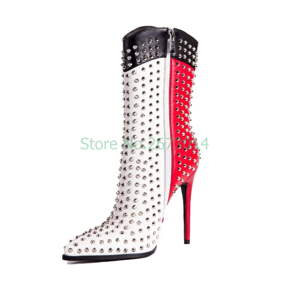 

Женские ботинки из лакированной кожи, красные, белые ботинки на высоком каблуке-шпильке, с заклепками, с острым носком, сапоги до середины ик...