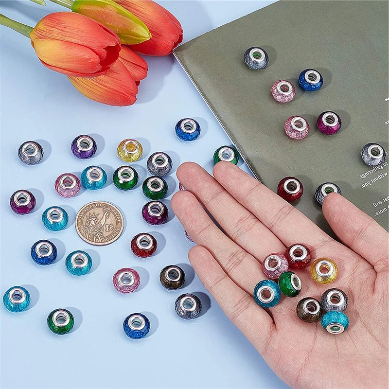 

10 Pcs Glitter Color Faceted Murano Charms Large Hole European Beads Silver Plated Large Holes Fit Pandora Bracelet Jewelry Bead