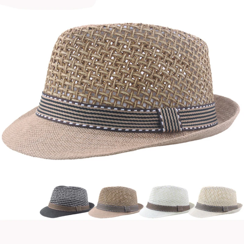 Sombrero de paja transpirable para hombre y mujer, sombrero de paja transpirable con diseño de padre e hijo, Trilby Fedora para playa y Jazz, HT3136
