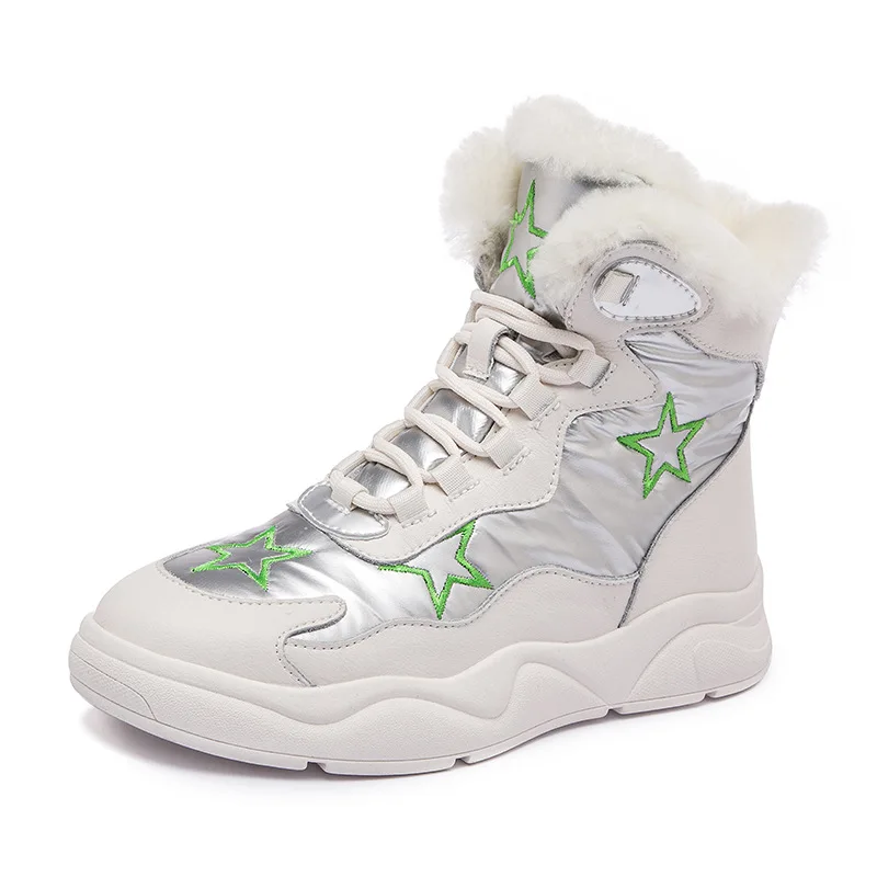 

2021Genuine Leather Winter Sneakers for Women Fur Padded Boots Ankle Shoes White Snow Boots for Female Casual Shoes