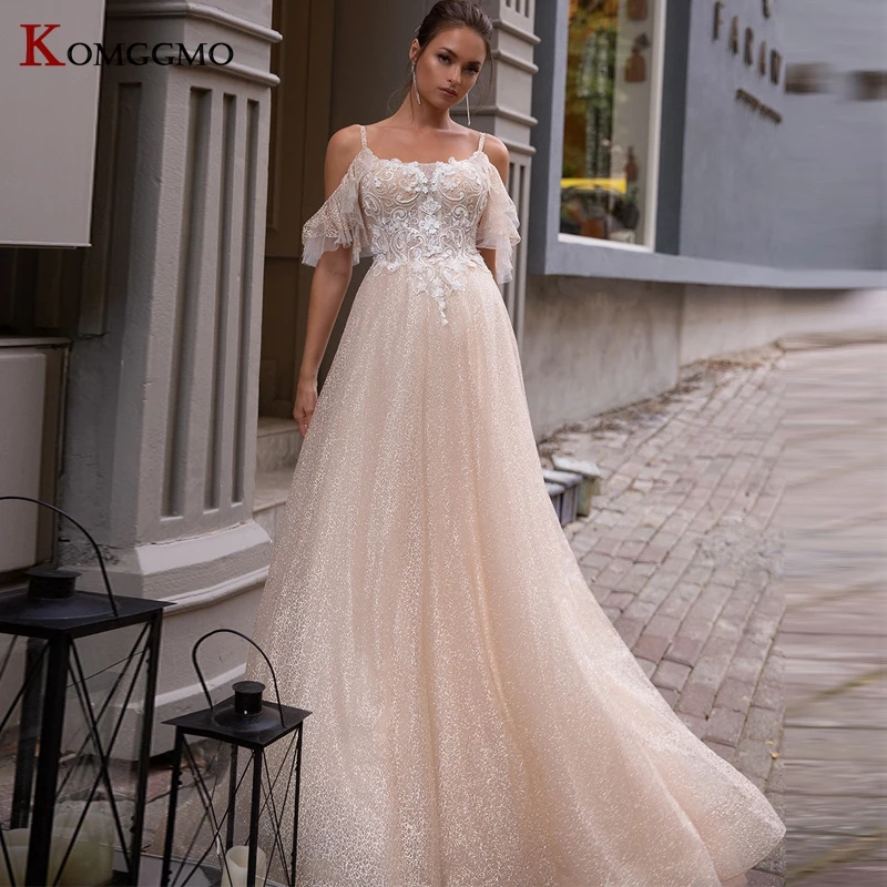 

Luxury Square Collar Embroidery Appliques Tulle Shiny Chapel Train Bridal Ball Gown Custom Made Zipper Back Wedding Dress