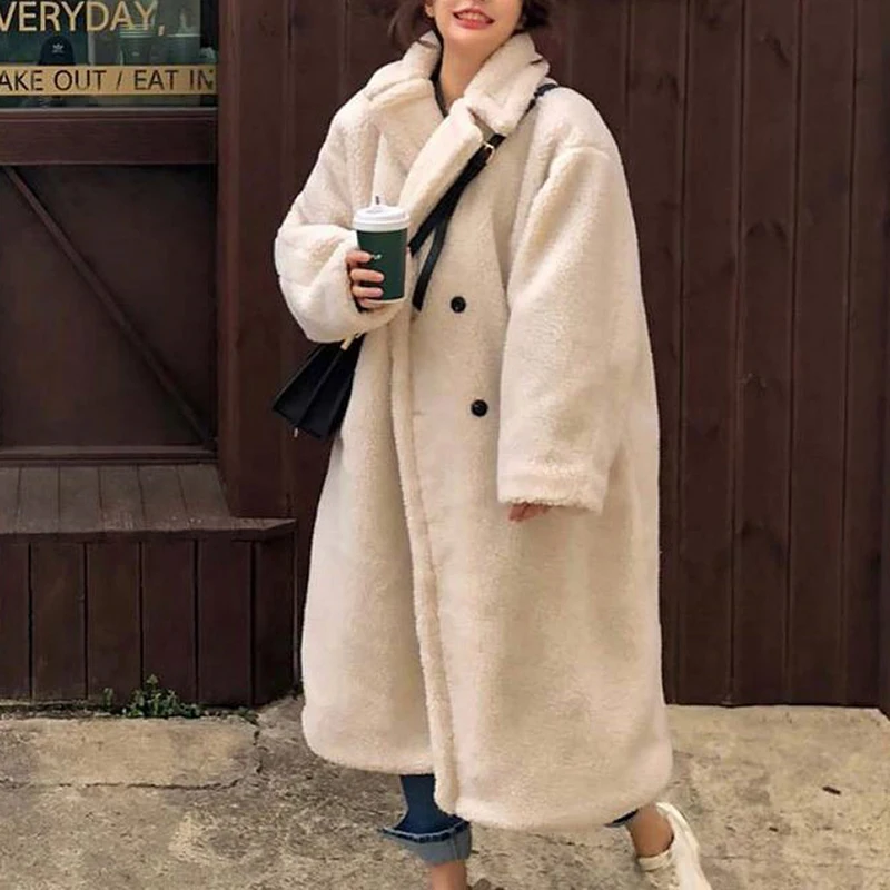 

Winter Women Retro Imitation Lamb Fur Long Coats 2020 Female New Fashion Solid Fleece Jacket Turn Down Collar Long Teddy Coat