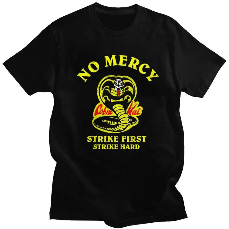 

Vintage Cobra Kai Karate Kid T Shirt Men Cotton Tshirt Unique Tee Tops Short Sleeved Strike First Strike Hard No Mercy T-shirt