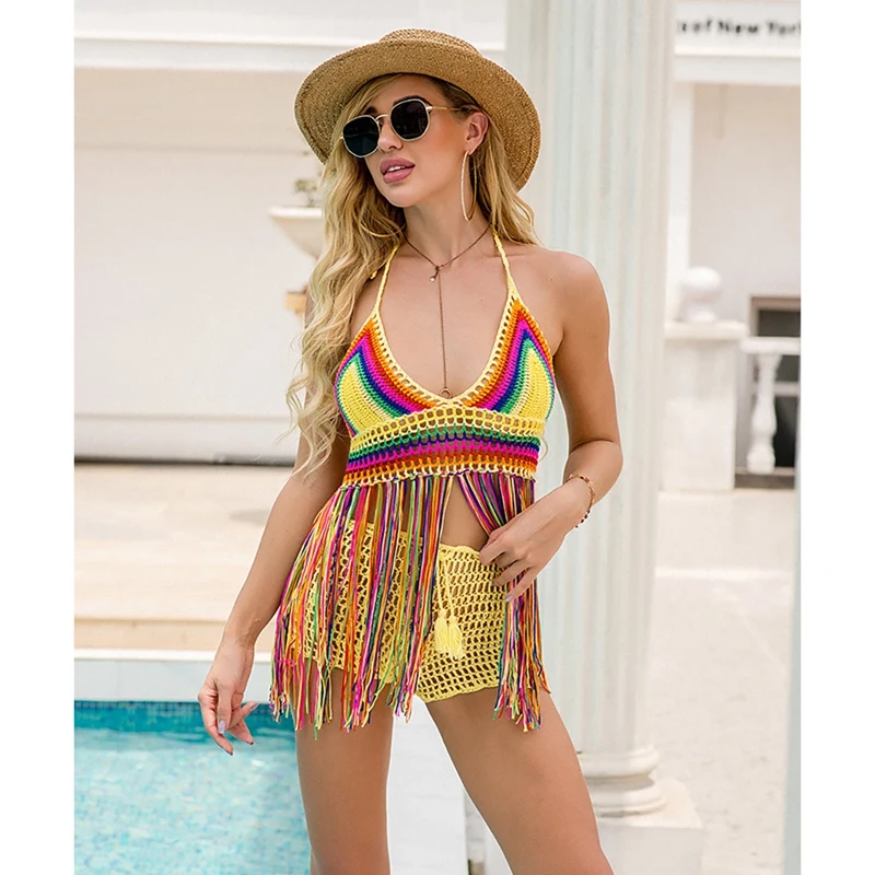 

Ladies Beach Swimming Pool Vacation Pure Hand Crocheted Color Matching Tassel Swimsuit Multicolor One Size
