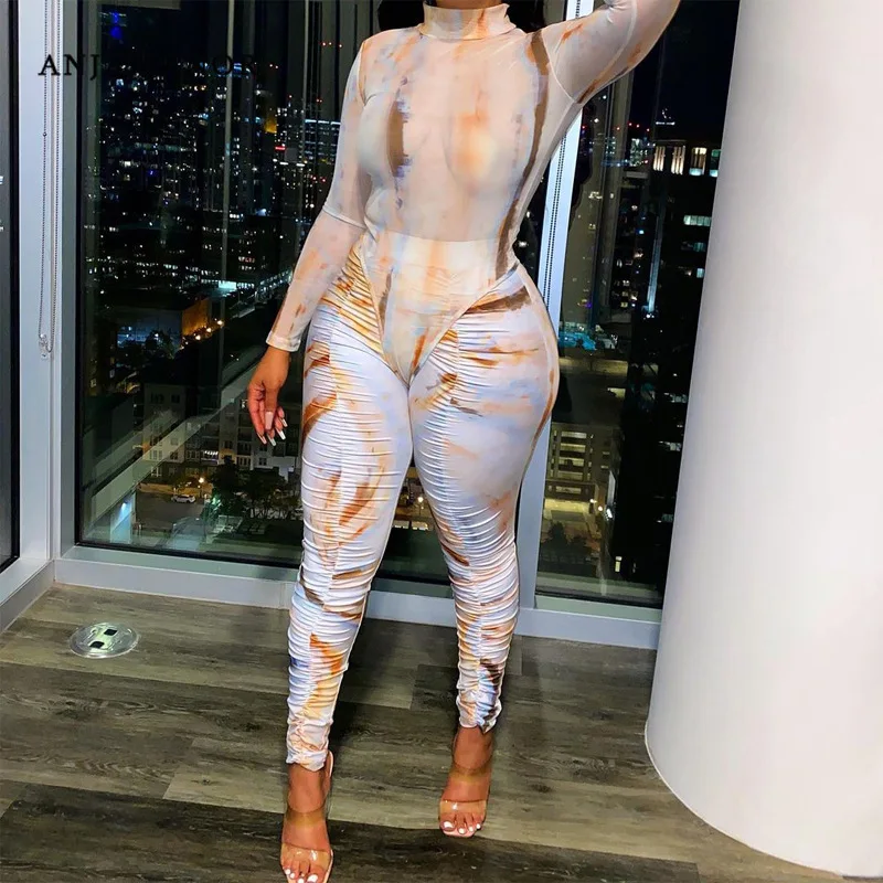 

ANJAMANOR «вареный» с принтом пикантные 2 шт. Комплекты Женские костюмы Клубная одежда боди с длинным рукавом и леггинсы в комплекте комплекты ...