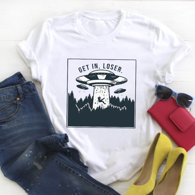 

Women Alien Funny Letter Space 90s Printed Cartoon Summer T Tee Ladies Female Top Shirt Clothes Tshirt Womens Graphic T-shirt