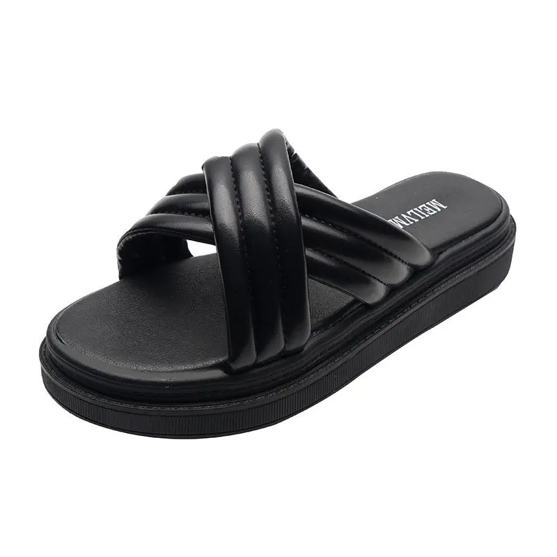 

Slippers Women Summer Beach Shoes Slides Pantofle Low Platform Sabot 2021 PU Basic TPR Fabric Hoof Heels Female Shoes Summer Clo