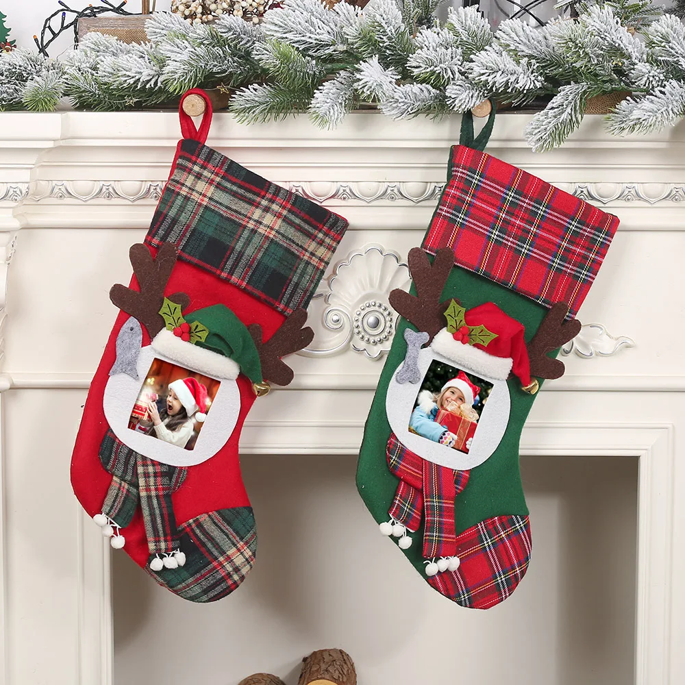 

Transparent Photo Frame Lattice Christmas Big Socks Children's Gift Candy Bag Home Living Room Decorations New Creative Ornament