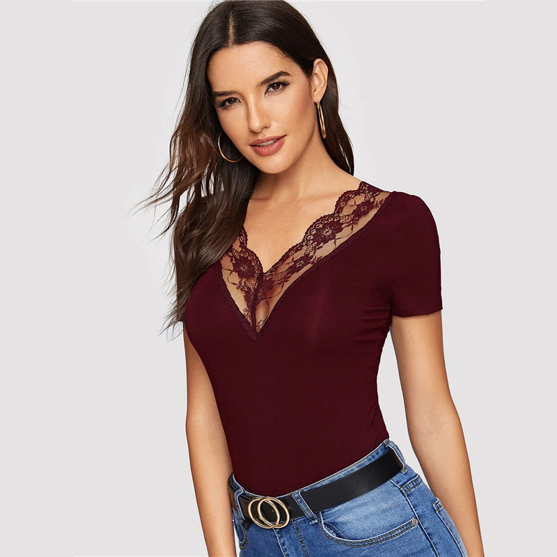 SHEIN, Сексуальная футболка с двойным v-образным вырезом и вырезом на спине, облегающая футболка с кружевной отделкой, женская летняя тонкая футболка с коротким рукавом