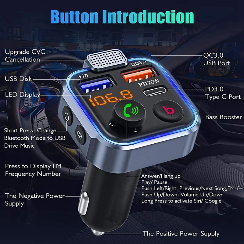 FM Transmitter In-Car Adapter Wireless Bluetooth 5.0 Radio Car Kit Type-C PD 20W+ QC3.0 Fast USB Charger | Электроника