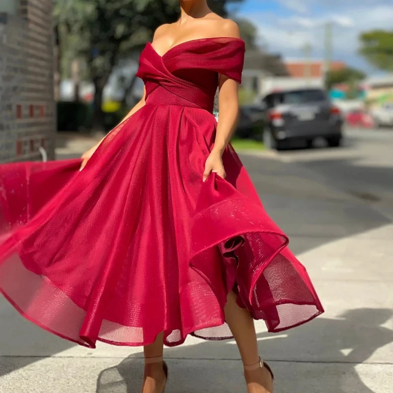 

Women Fashion Off Shoulder Solid Color Dress High Waist Party Dress Casual Slim Mid Length Dress Summer Vacation Beach Dress