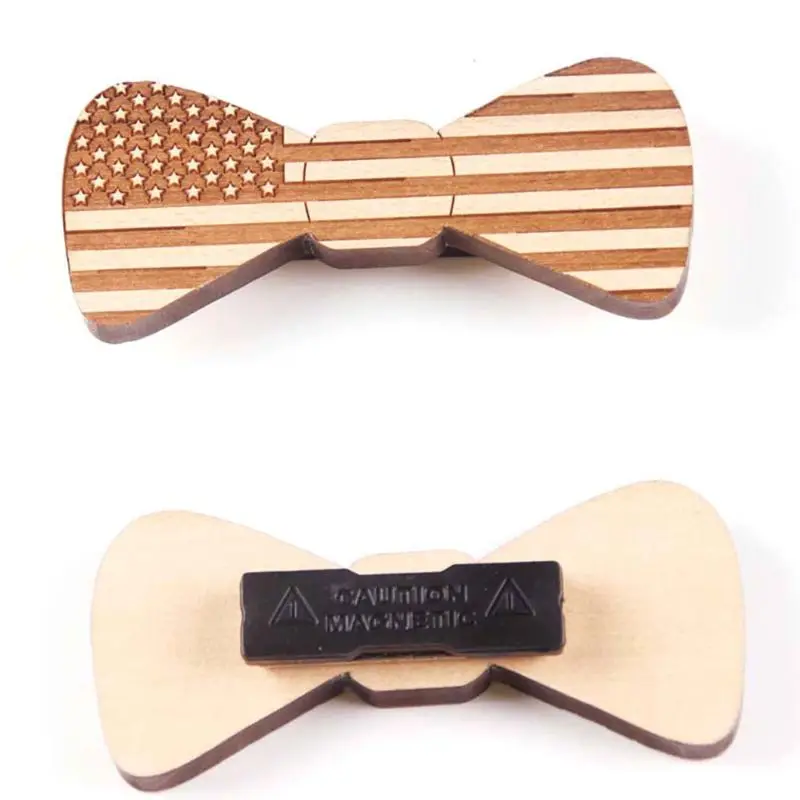 

Mens Boys Pre-Tied Bow Ties Geometric Rhombus Skull US Flag Pattern Handmade Wooden Magnetic Bowknot Party Accessory
