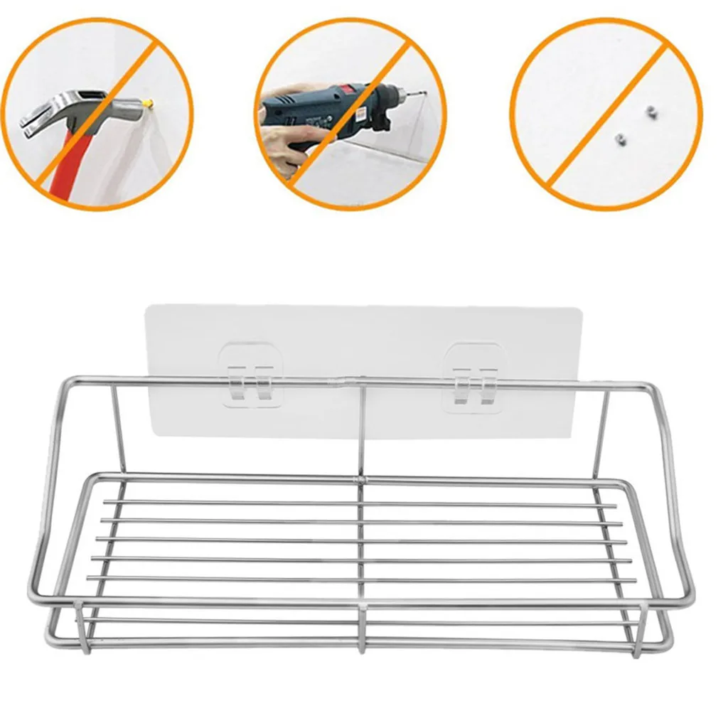 

2pcs Stainless Steel Bathroom Shelves Shower Caddy Adhesive Bathroom Wall Storage Shelf Kitchen Rack Stainless Steel