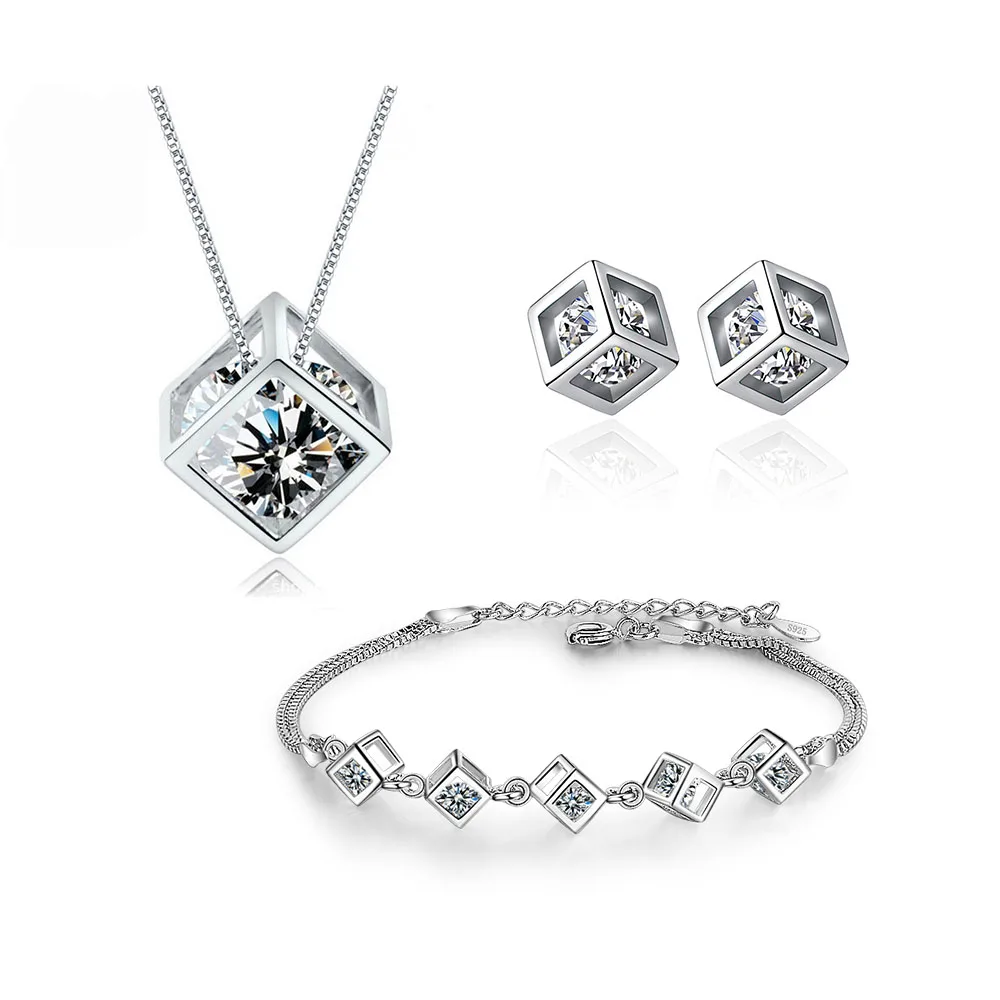 

925 Sterling Silver Luxury Shiny Square Cube Necklace Earrings Bracelet For Women Gift Zircon Anniversary Gift