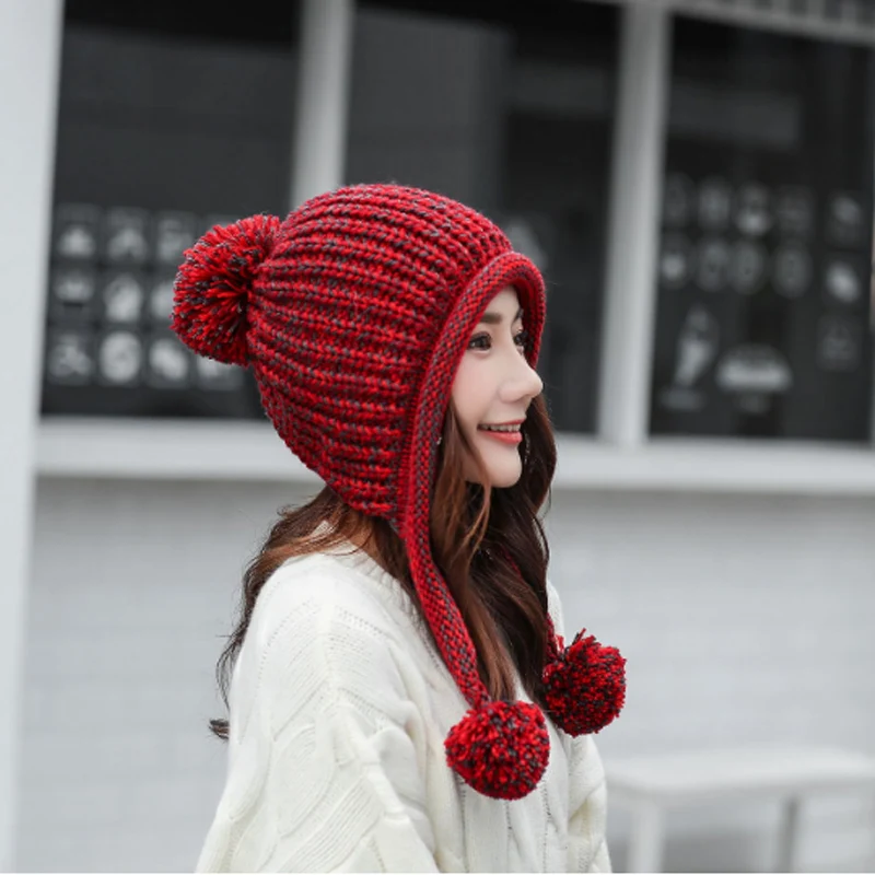 Утолщенная Лыжная зимняя шапка новинка 2019 модные вязаные помпоны зимние женские