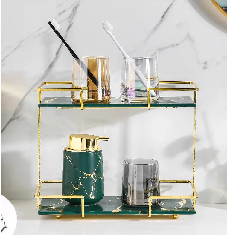 

2-3 Layer Storage Shelf-Bathroom Accessories Set-Marble Ceramic Tray-Metal Rack-Kitchen Storage Tools-Makeup Holder-Home Decor