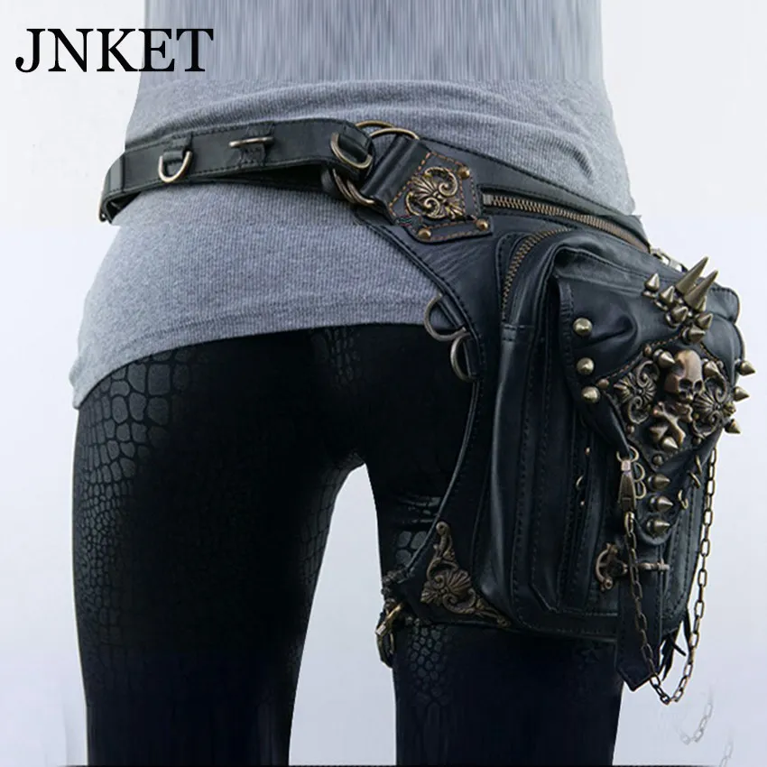 

JNKET New Women Steam Punk Waist Bag Chain Belt Bag Shoulder Bags PU Leather Crossbody Bags Large Capacity Sling Bag
