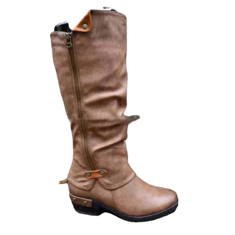 2021 Spring and Autumn New Round Toe All-match Casual Women's Leather Boots Side Zipper short Boots Mid-heel Women's Shoes