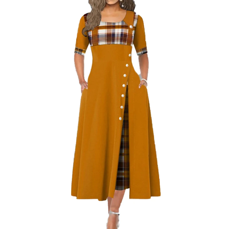 

Maxi Dress Women Vestido Plaid Print Short Sleeve Side Button Loose Dress Fashion Summer Irregular Long Dress