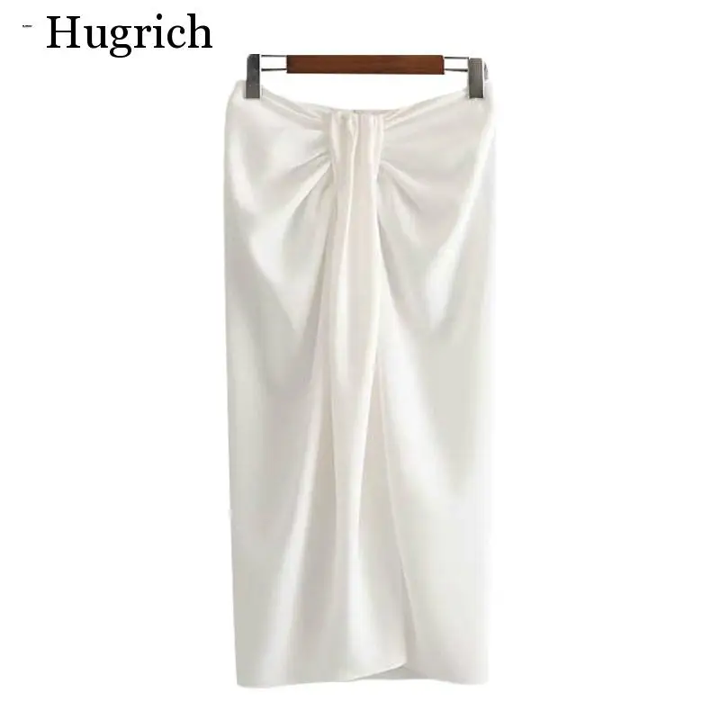 

Women 2020 Chic Fashion Office Wear Knotted Wrap Midi Skirt Vintage High Waist Back Zipper Slit Female Skirts Mujer