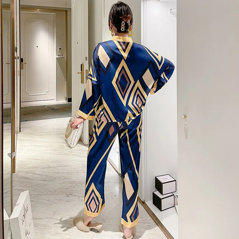 Women's Pajamas Set Super Big Rhombus Print Sleepwear Silk Like Nightwear Casual Homewear pajamas suit for women pijama mujerc