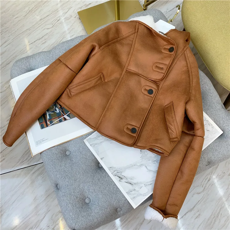 

Женская замшевая короткая куртка с капюшоном, однобортное пальто из искусственной овечьей шерсти, Осень-зима 2021