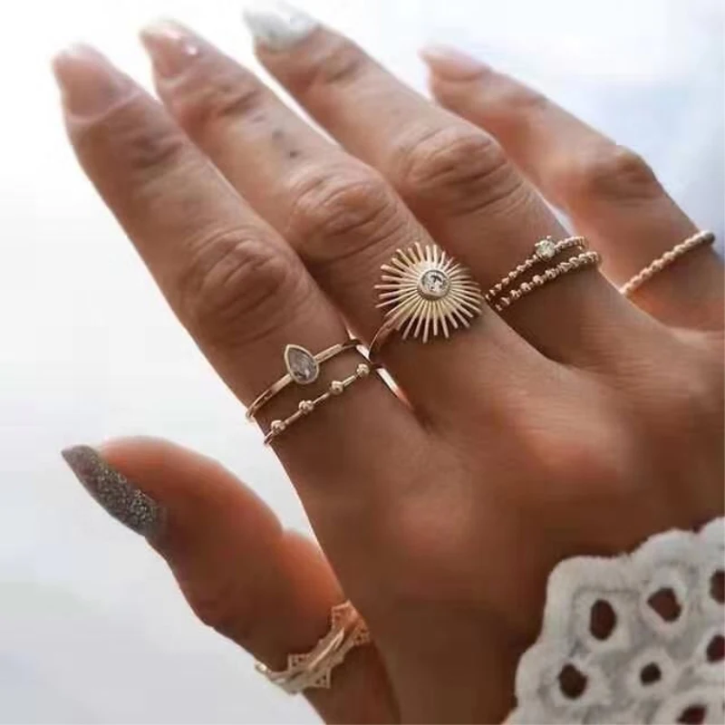 

7pcs/lot Flower Geometric Gold Plated Ring Sets for Women Lady Round Diamond Eye Shape Crystal Ring Party Club Jewelry Gifts