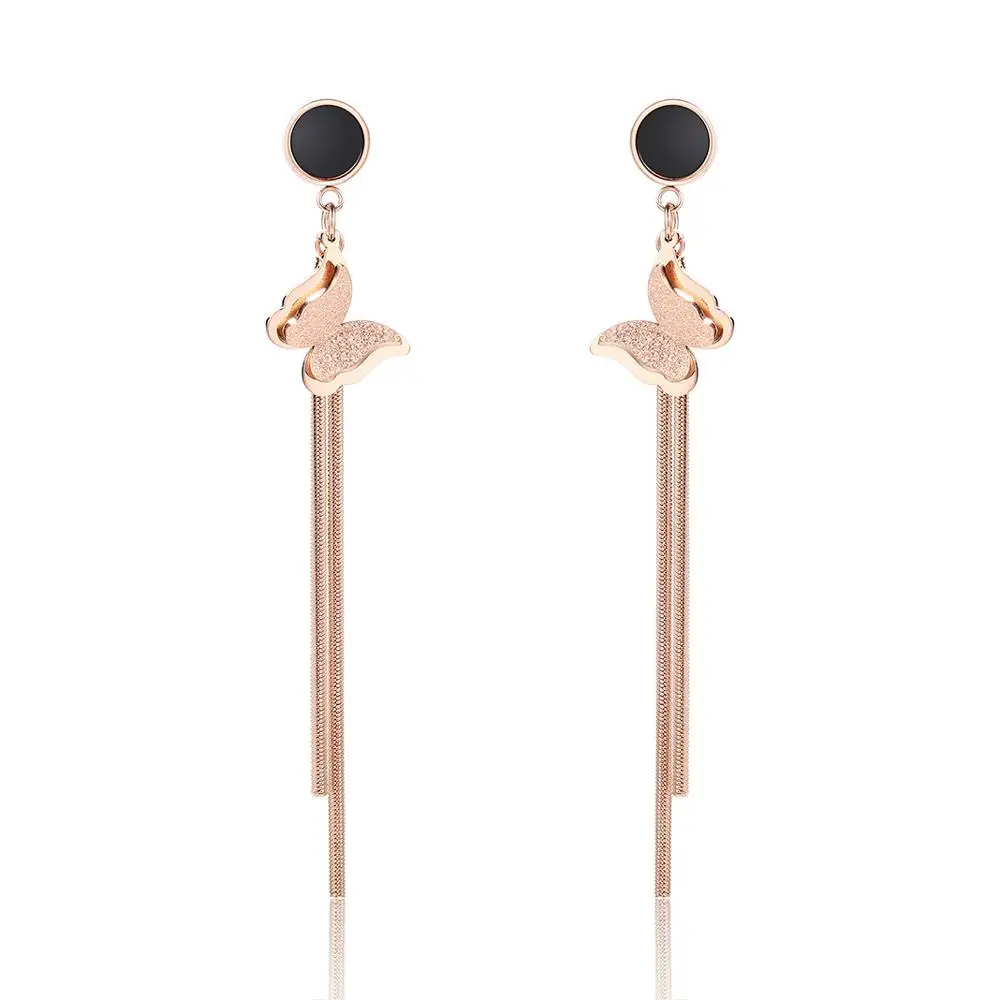 Женские серьги бабочки из розового золота модные с подвесками нержавеющей