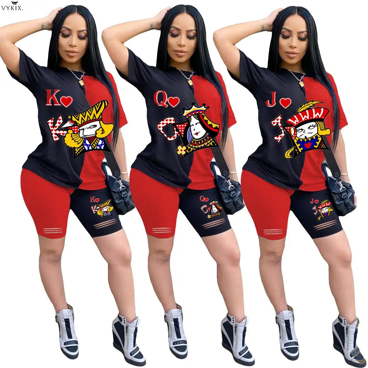 

Женский комплект с принтом в виде карты покера, модный спортивный костюм с футболкой и шортами, комплект из двух предметов, спортивные костю...