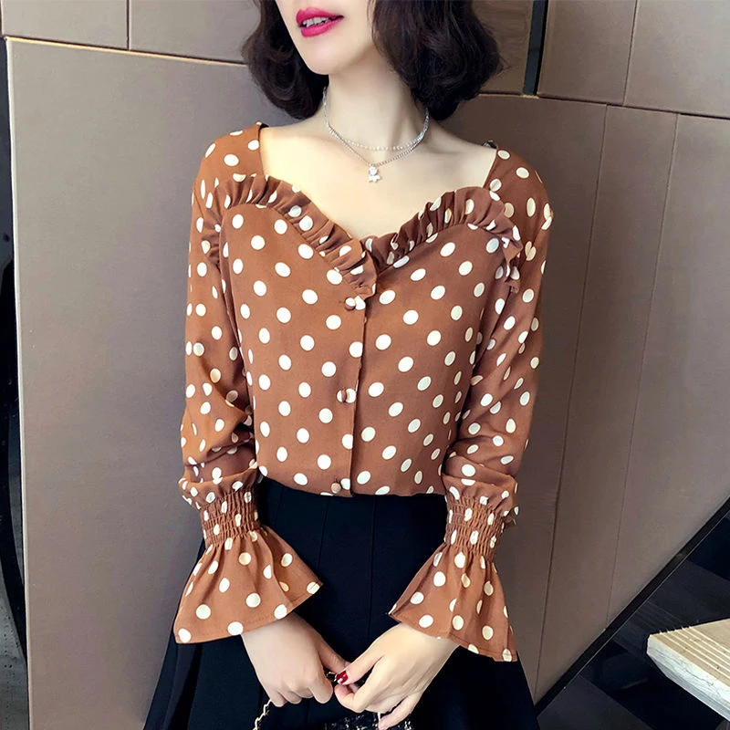 Женская шифоновая блузка с длинным рукавом Повседневная Блузка в горошек