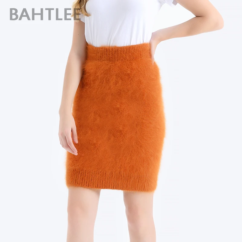 BAHTLEE Women Angora Straight Skirt Knee-Lengh Empire Solid Autumn Winter Wool Knitted Jumper Suit  Basic Style