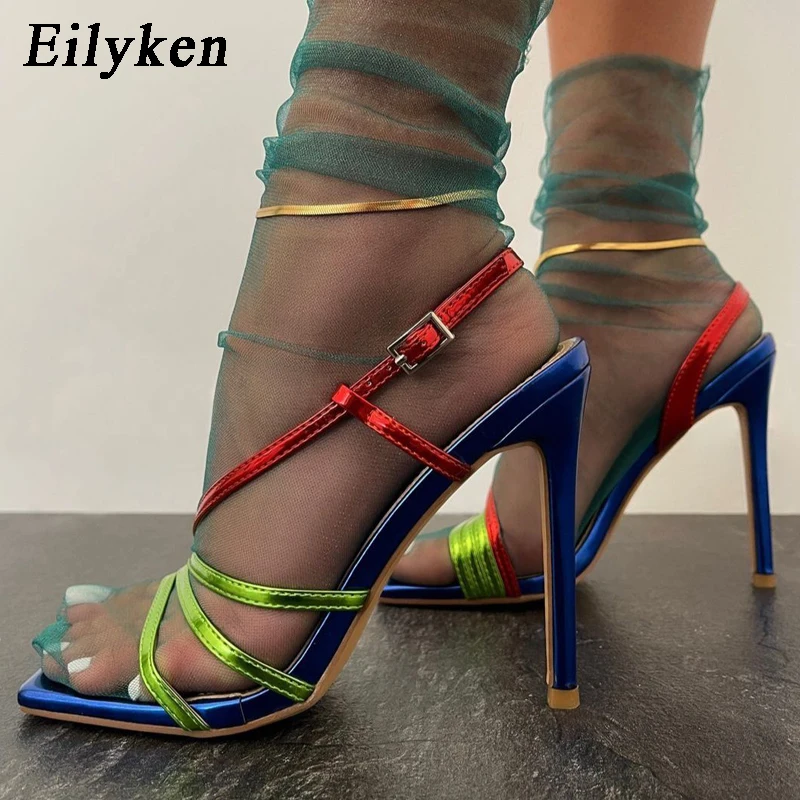 

Eilyken Summer Gladiator New Fashion Camouflage Buckle Strap Sandals Women Sexy Square Toe Thin High Heels Ladies Stripper Shoe