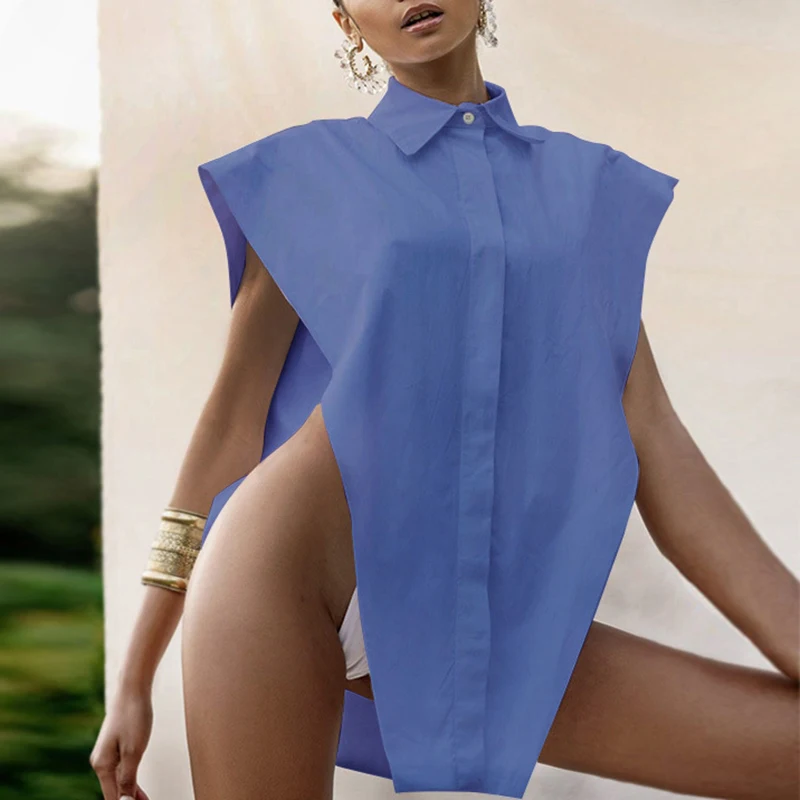 

Sexy Party Shirt for Women Lapel Sleevelesss Hollow Out Loose Oversized Novelty Top Shirts Female 2021 Summer New