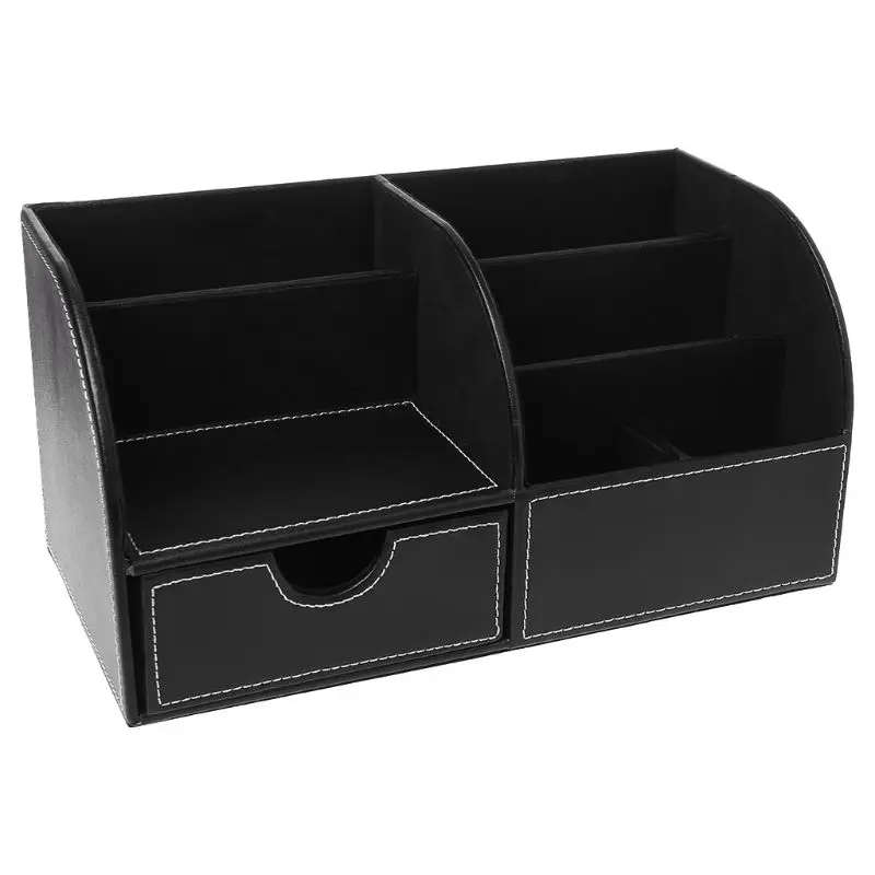 

H55F 7 Storage Compartments Multifunctional Leather Office Desktop Organizer Business Card Pen Pencil Mobile Phone Holder
