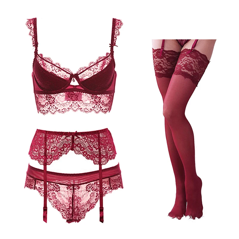 wine red Varsbaby тонкий хлопок кружево сексуальные Удобные дышащие бюстгальтер 4 шт. бюстгальтер+ трусики+ подвязки+ Чулки - Цвет: wine red